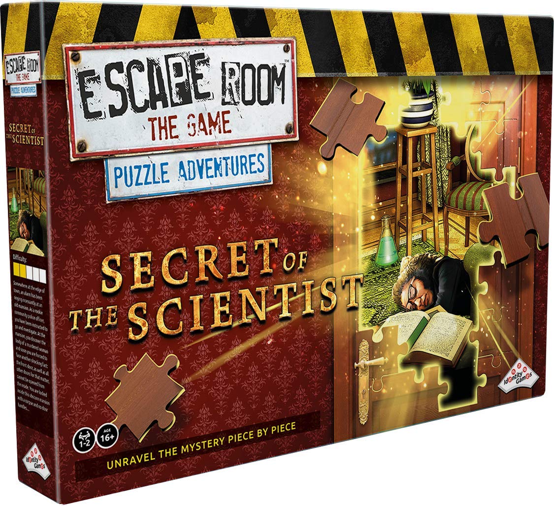 Identity Games Secret of the Scientist board cover, immersive escape-room feel for family game night.