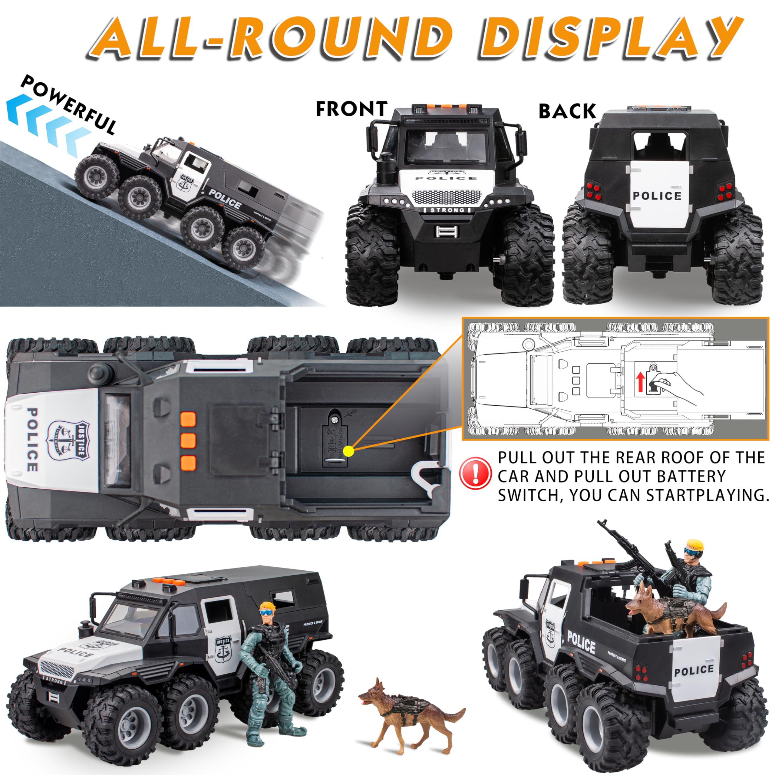 idiy big wheel police truck design for smooth rolling on floors
