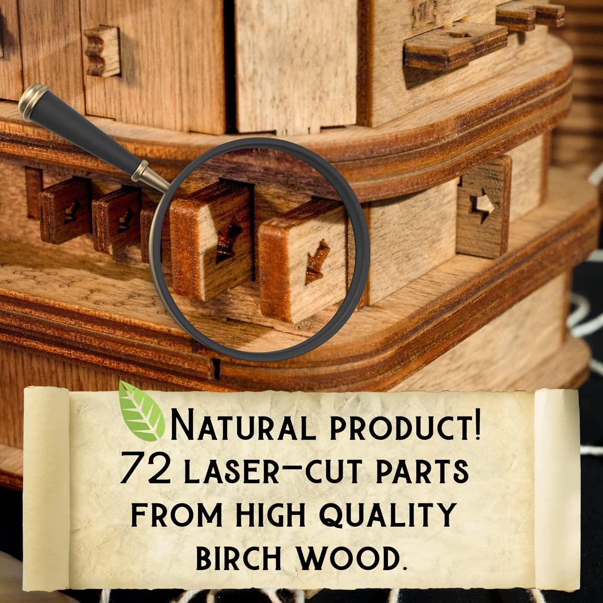 idventure Cluebox 3D wooden puzzle close-up shows laser-cut craftsmanship