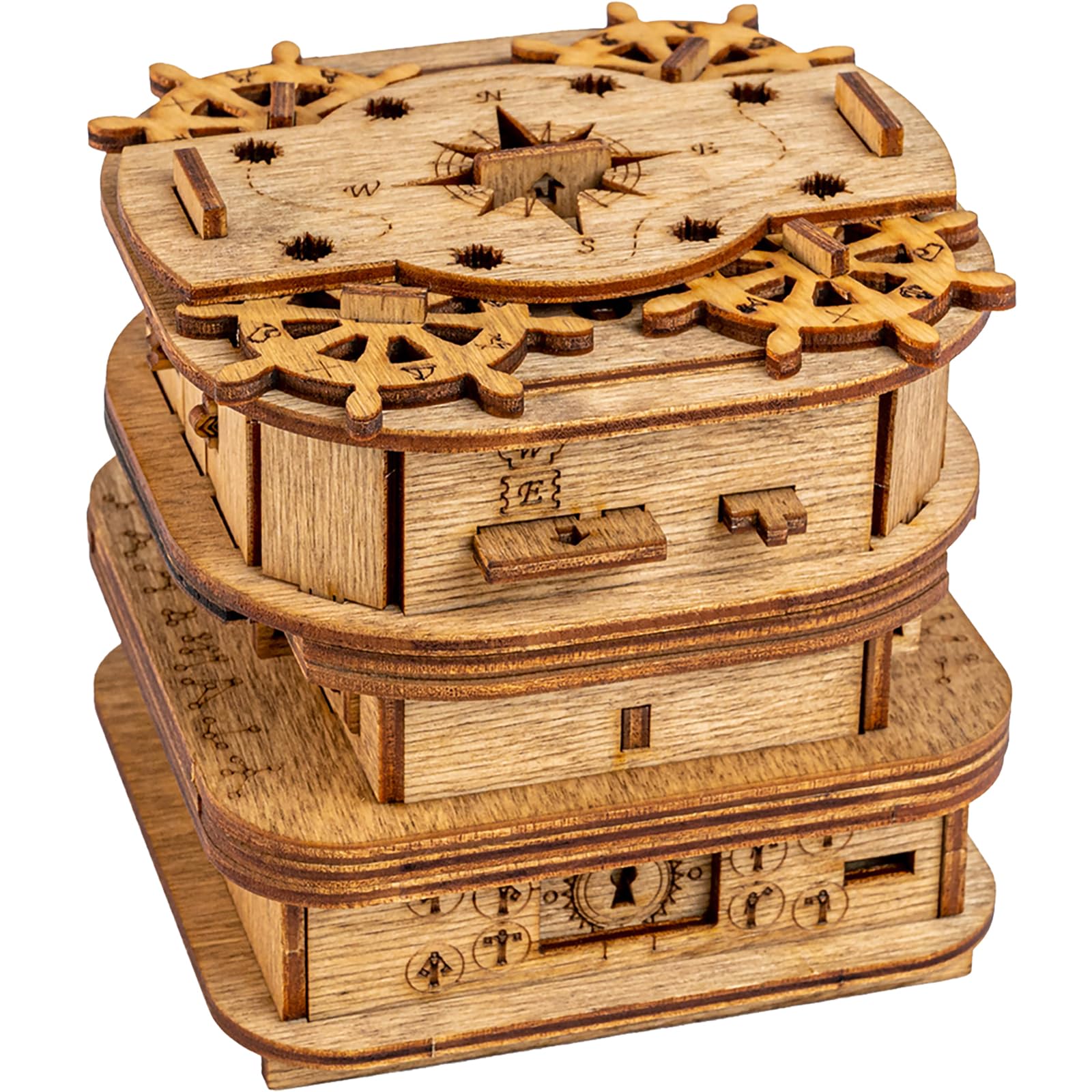 idventure Cluebox Davy Jones front view highlights intricate birch wood puzzle design