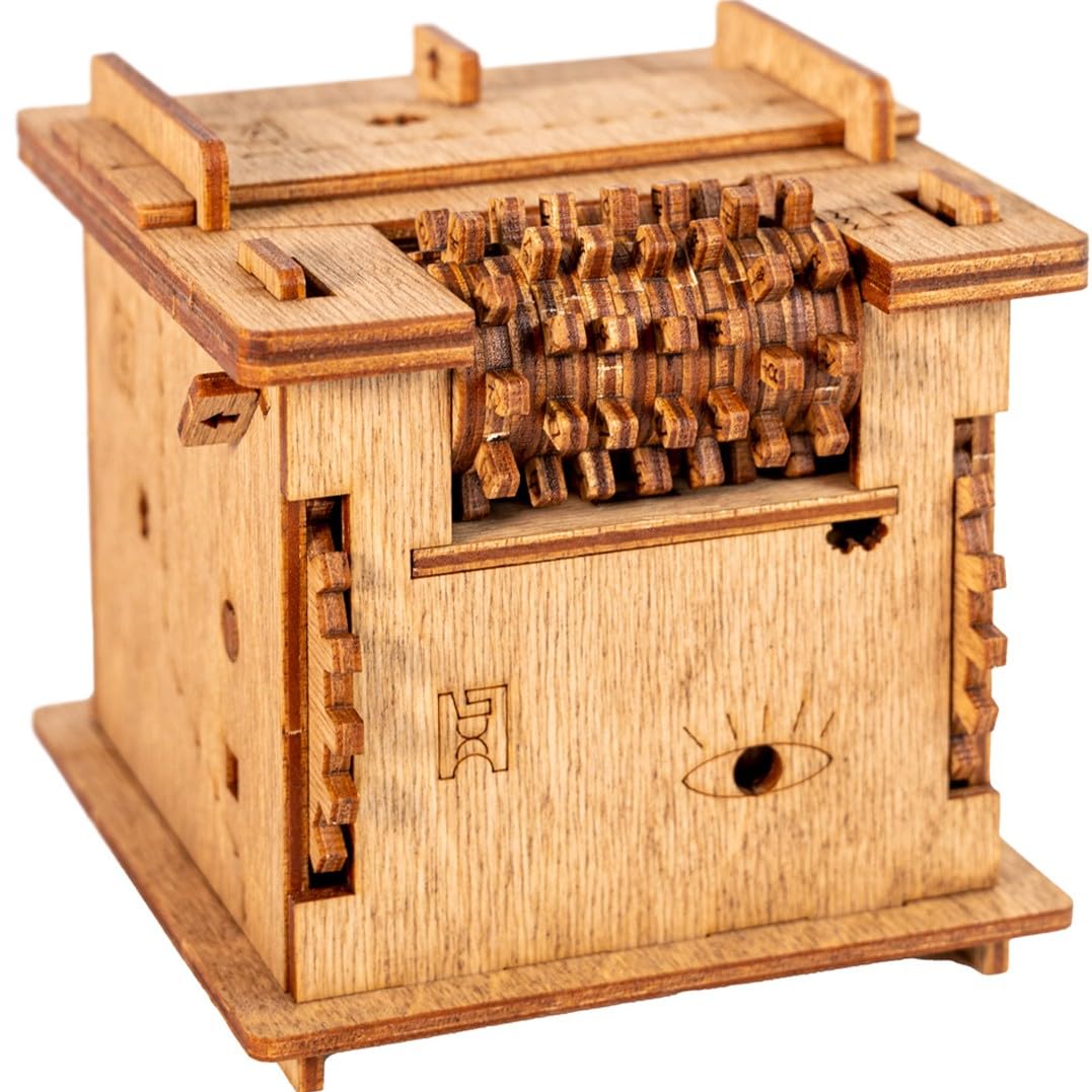 iDventure Cluebox Schroedingers Cat front view, showing the sleek wooden puzzle for curious minds
