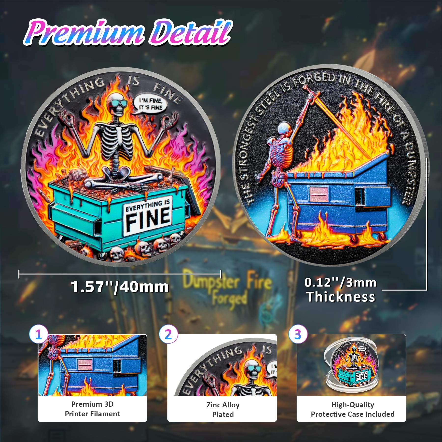 IELCJJ 3D-detail dumpster fire medallion—premium craftsmanship for display and gifting
