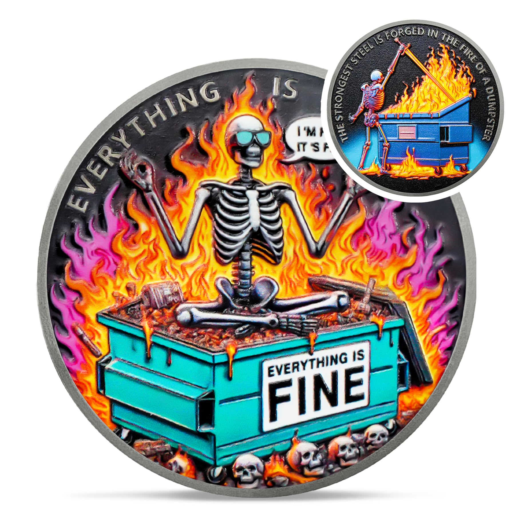 IELCJJ colorful skull dumpster fire coin—vibrant desk décor for motivation during long workdays