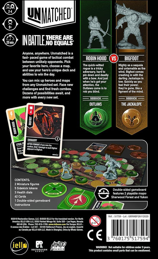 IELLO Unmatched Robin Hood vs Big Foot deck cards showcase unique moves for dynamic duels.