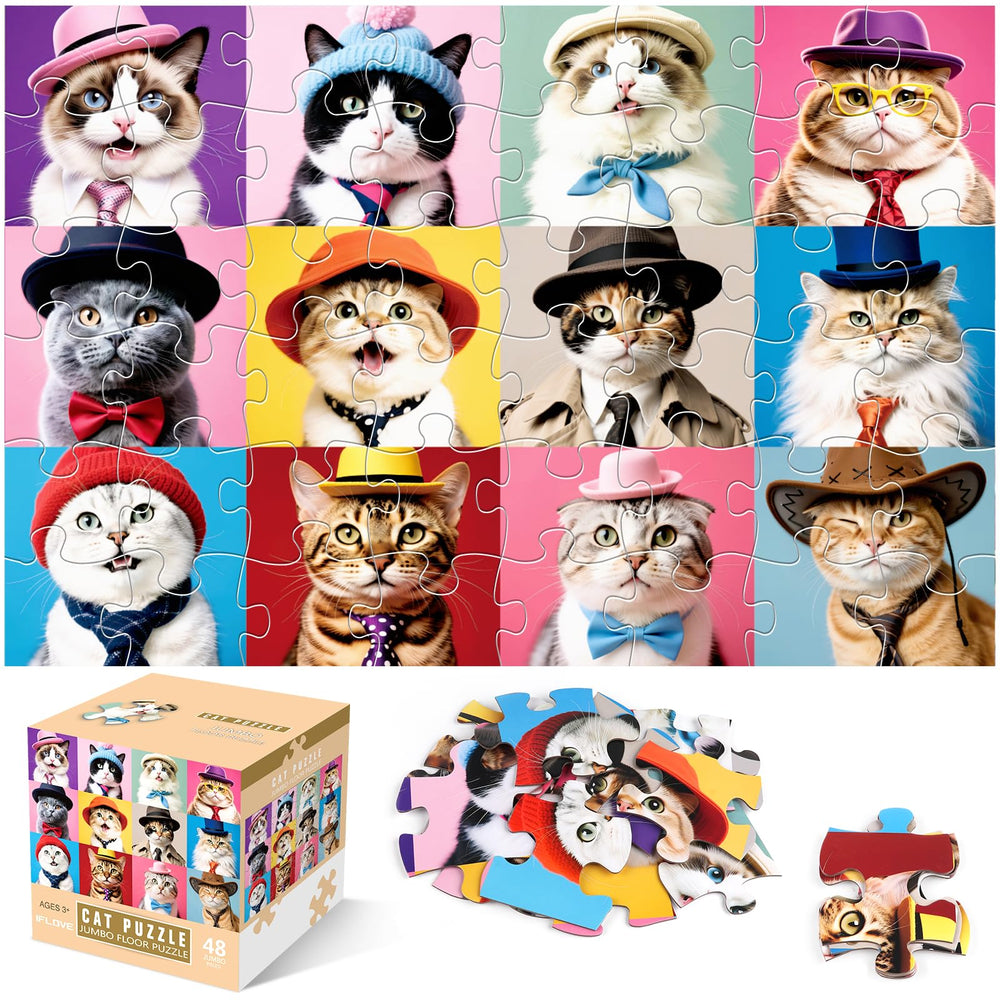 IFLOVE Jumbo Cat Floor Puzzle shows 12 cat portraits in a bright grid for engaging learning