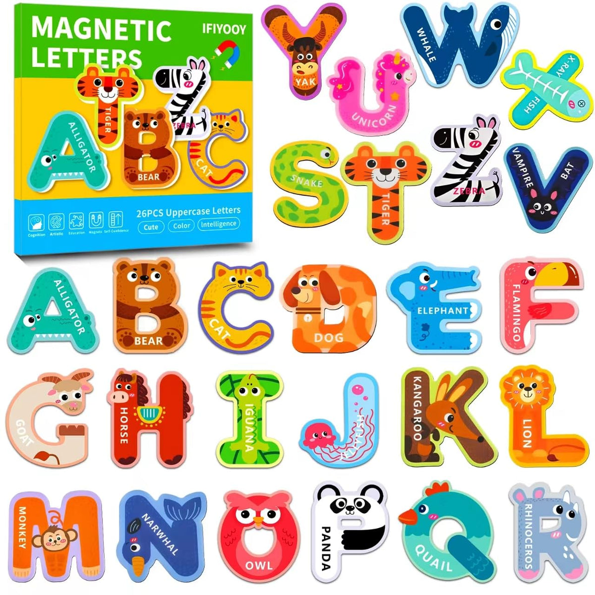 IFIYOOY fridge magnets with animal letters on the fridge support early literacy.