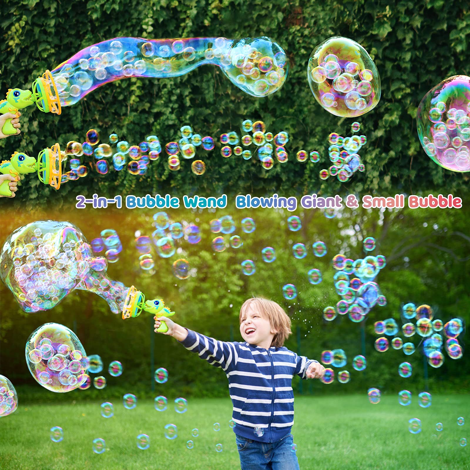 IFLOVE bubble blower dino green hands-on action shot for party fun