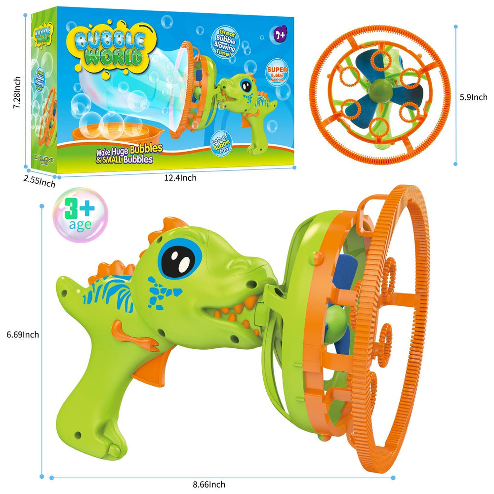 IFLOVE bubble gun dino green in use demonstrating easy 2 AA battery operation