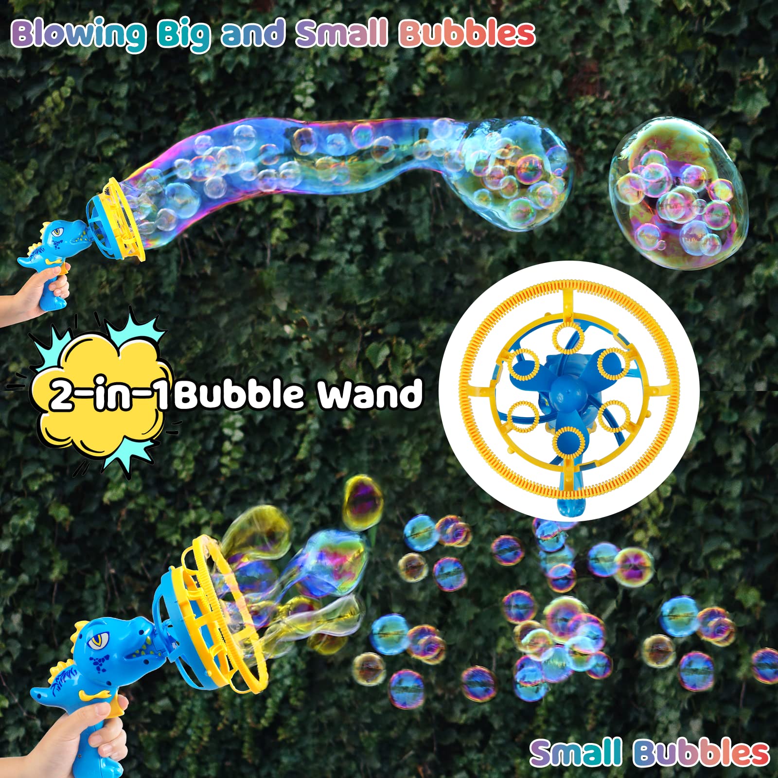 IFLOVE bubble gun dinosaur blue in action producing colorful bubbles