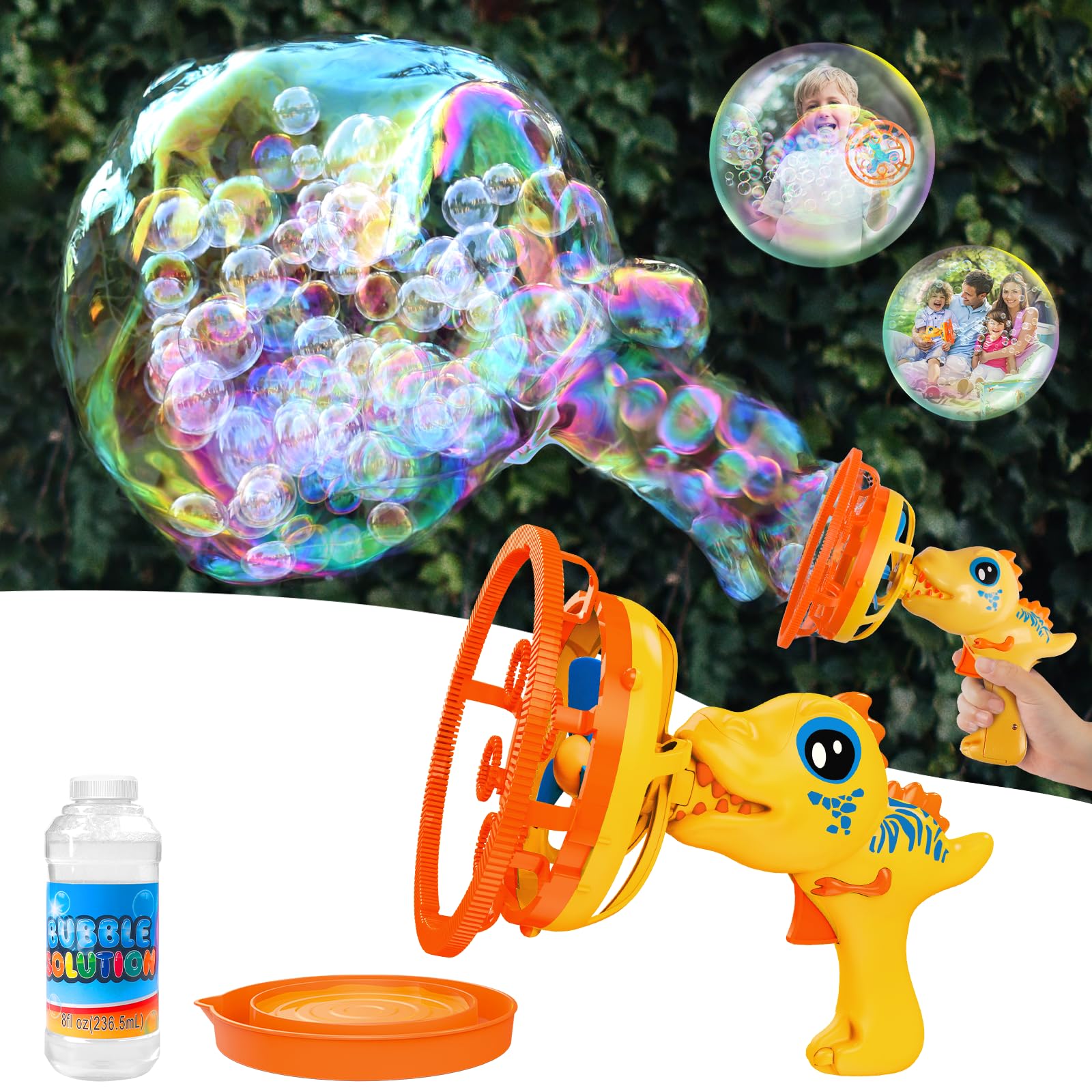 IFLOVE Bubble Gun Dinosaur yellow front view; sparks outdoor bubble fun for kids