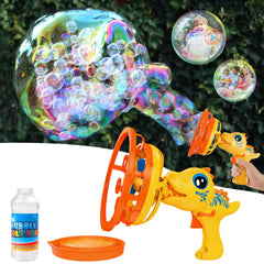 IFLOVE Bubble Gun Dinosaur yellow front view; sparks outdoor bubble fun for kids