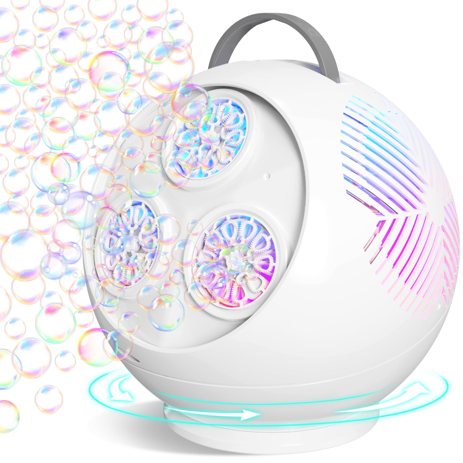 IFLOVE bubble machine spins 360° for outdoor party bubbles.