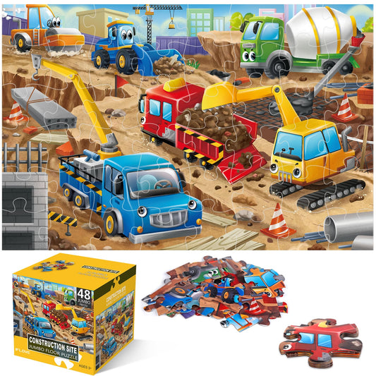 IFLOVE jumbo floor puzzle box front with vibrant construction vehicles for curious kids.