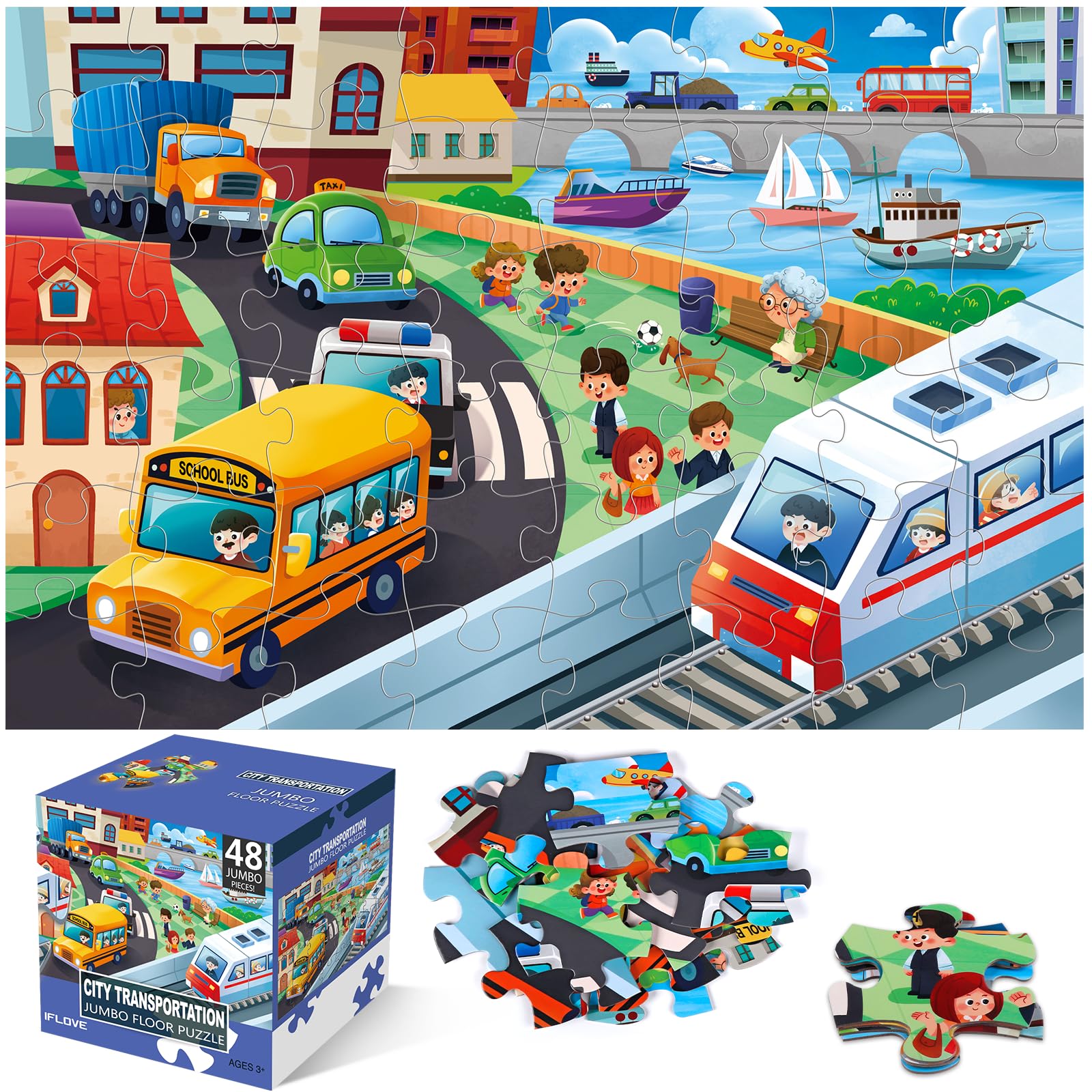 IFLOVE jumbo floor puzzle city traffic scene enhances imaginative play and vehicle recognition.