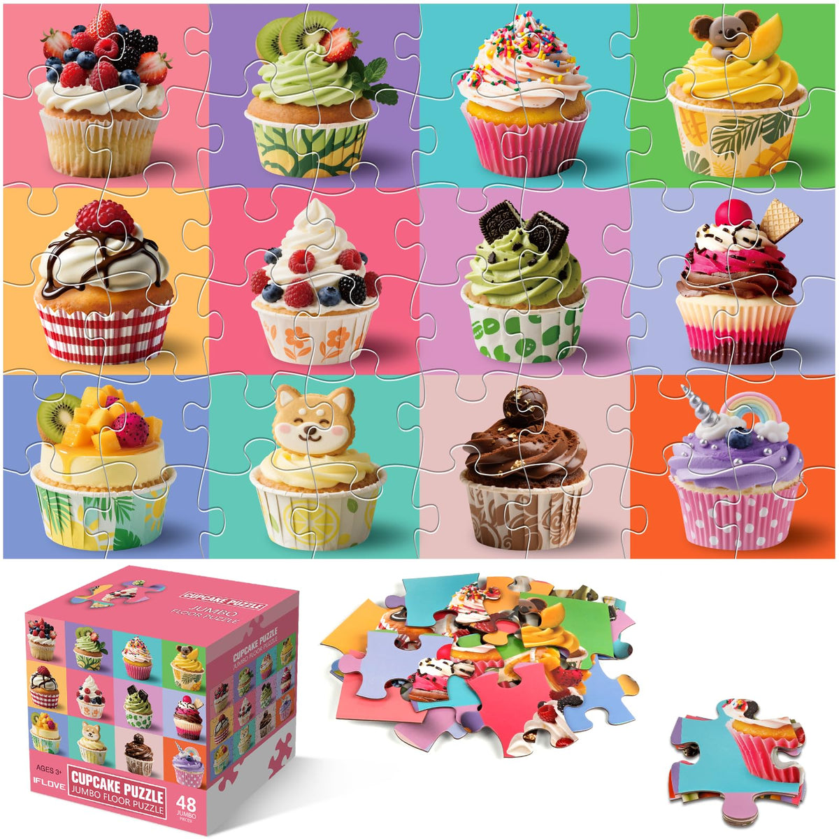 IFLOVE Jumbo Floor Puzzle cupcakes design boosts fine motor skills during play.