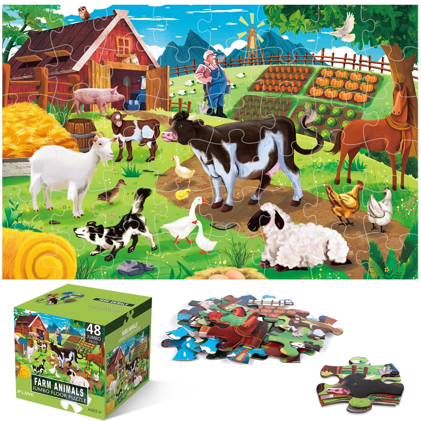 IFLOVE jumbo floor puzzle farm animals for kids, engaging farm scene builds recognition.