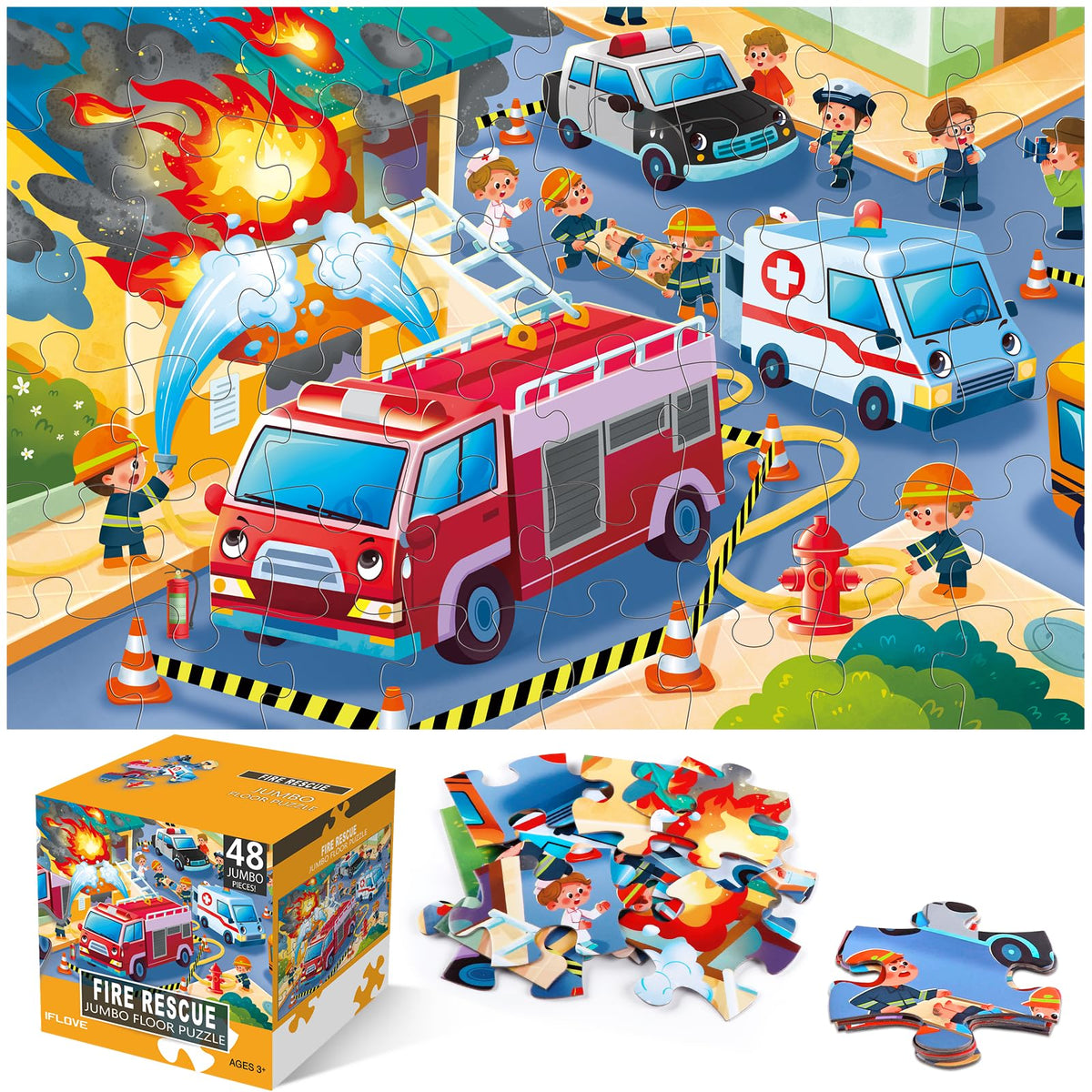 IFLOVE jumbo floor puzzle fire rescue features vivid firefighting scenes for engaging educational play.