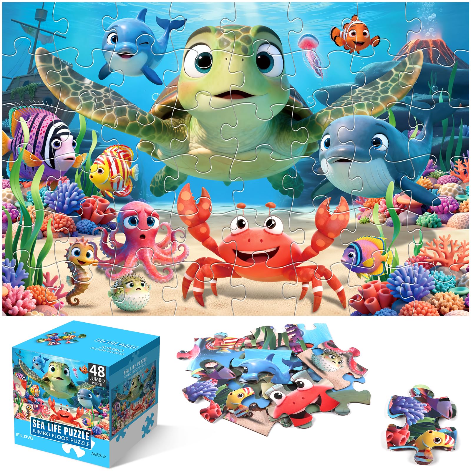 IFLOVE jumbo floor puzzle sea turtle underwater scene supports spatial awareness and fine motor skills