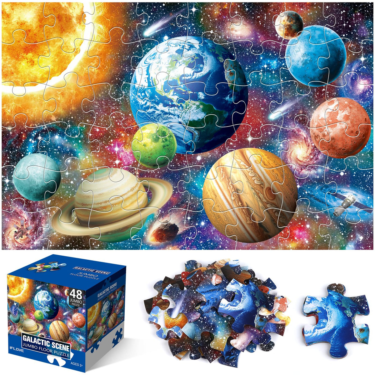 IFLOVE jumbo floor puzzle solar system shows vibrant planets to spark curiosity in kids.