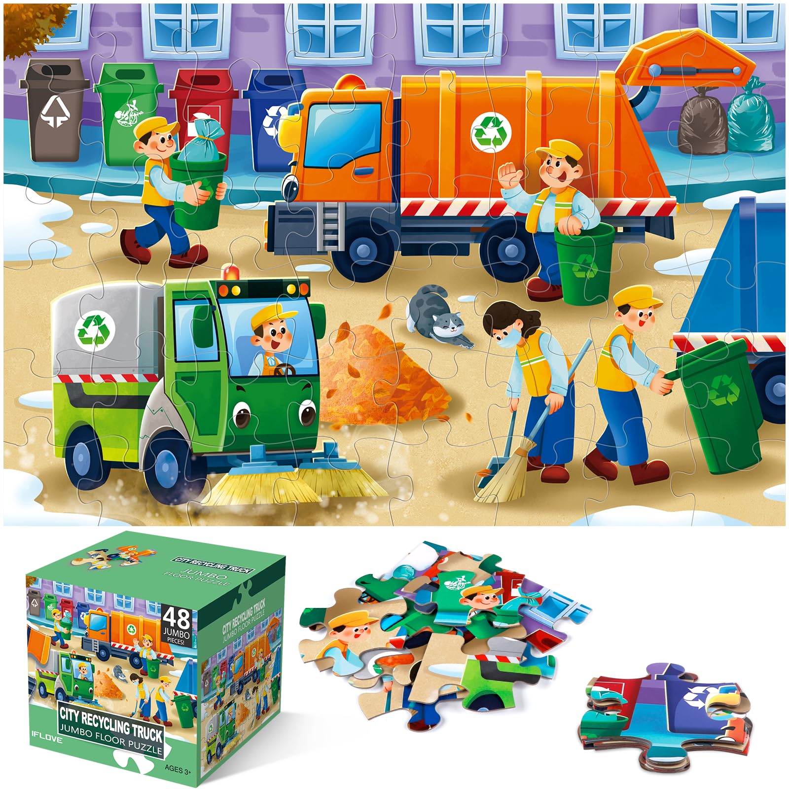 IFLOVE jumbo floor puzzle shows a busy trash truck in a city scene for imaginative play.