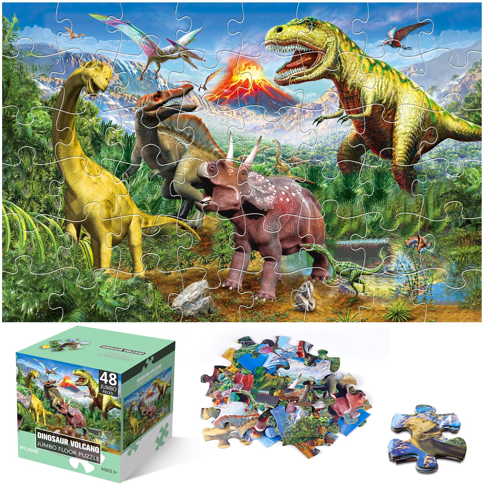 IFLOVE Jumbo Floor Puzzle volcano dinosaur scene boosts curiosity and learning.