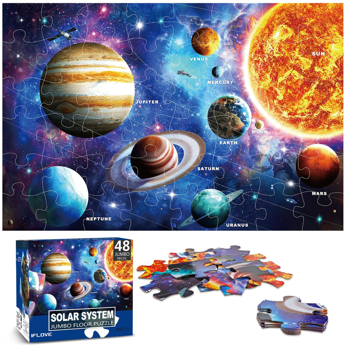 IFLOVE jumbo solar-system floor puzzle box image inviting space exploration for kids aged 3-8.