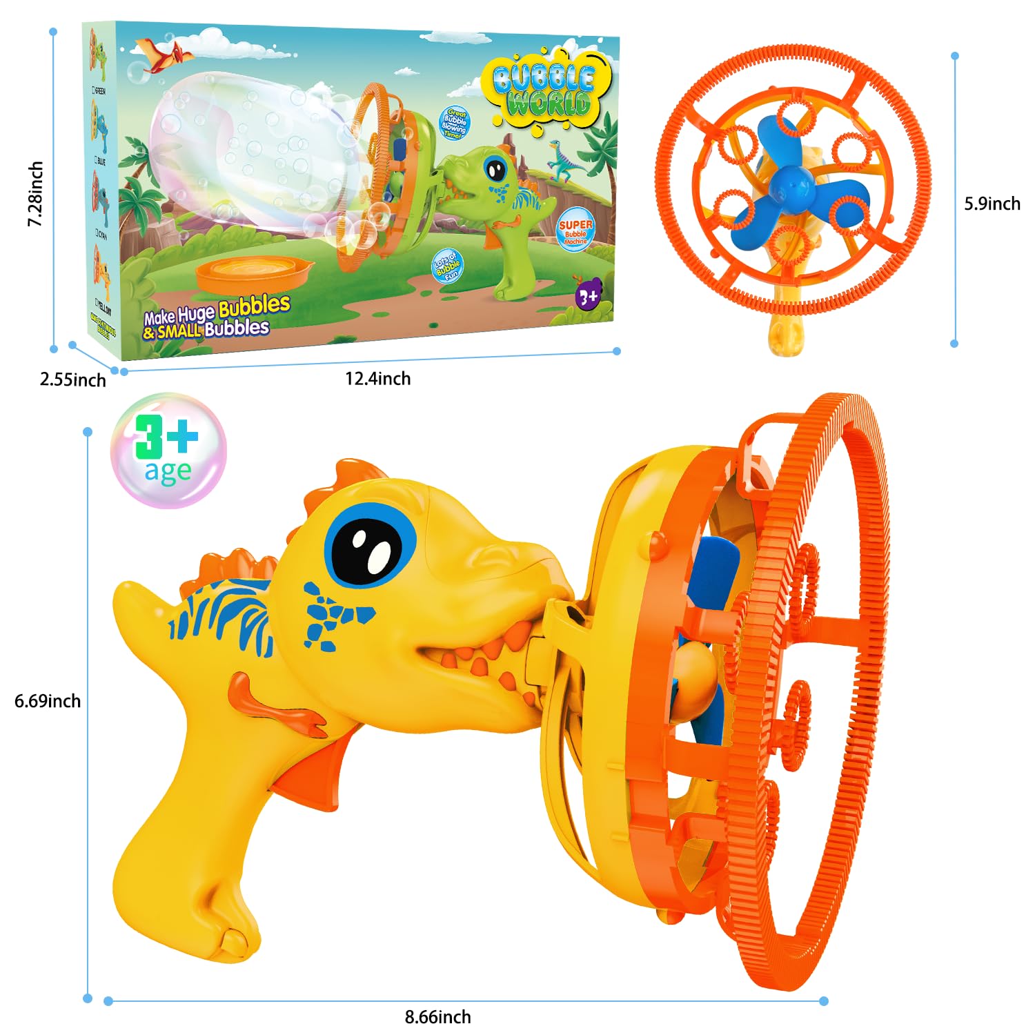 IFLOVE Kid holding dinosaur bubble gun yellow; comfortable grip for small hands
