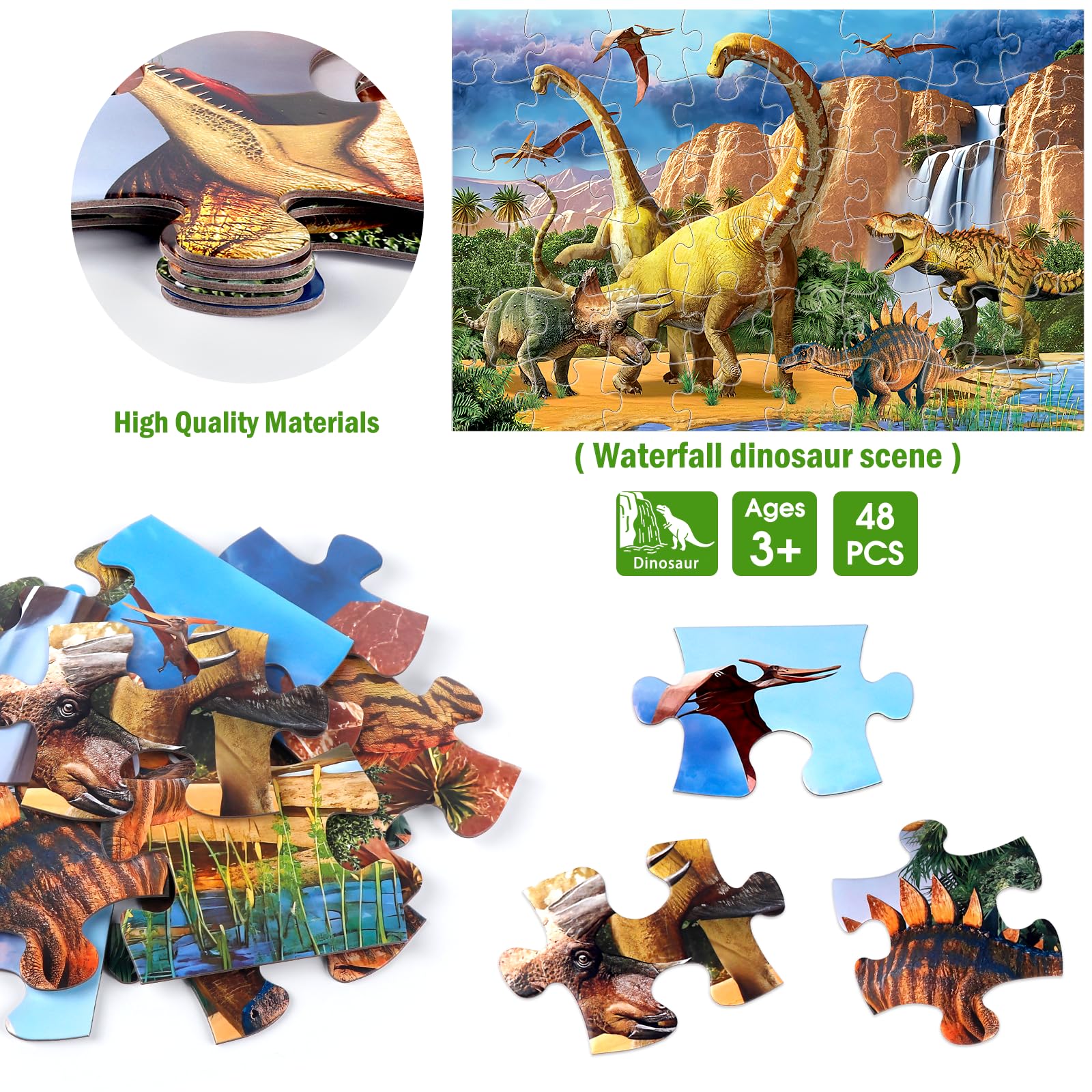 IFLOVE waterfall dinosaur scene promotes curiosity through a vivid Jurassic jungle.