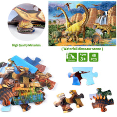 IFLOVE waterfall dinosaur scene promotes curiosity through a vivid Jurassic jungle.