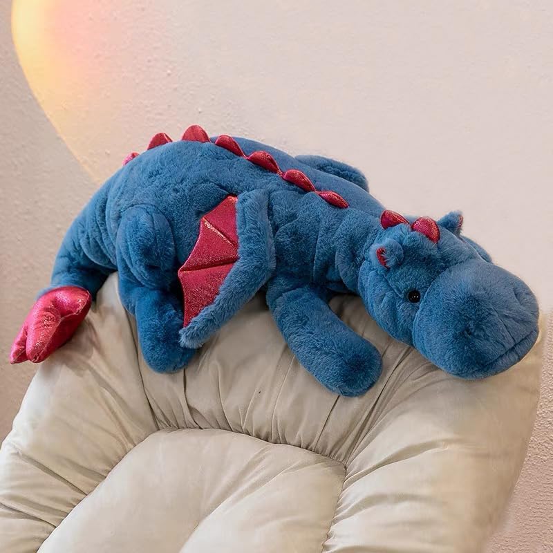 IFX24 blue dragon stuffed animal side view shows long, huggable length