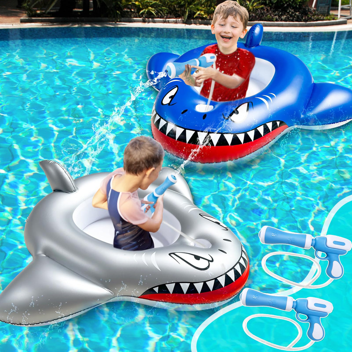 iGeeKid shark pool float blue with two seats for safe two-player fun