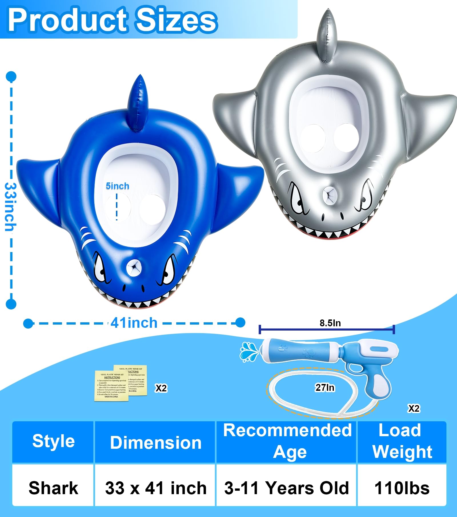 iGeeKid shark pool float silver with comfy seating for kids during water battles
