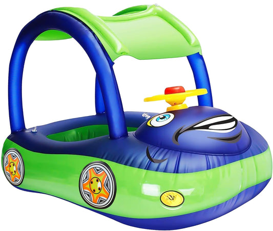 iGeeKid blue inflatable baby pool float with canopy offering shaded fun for infants