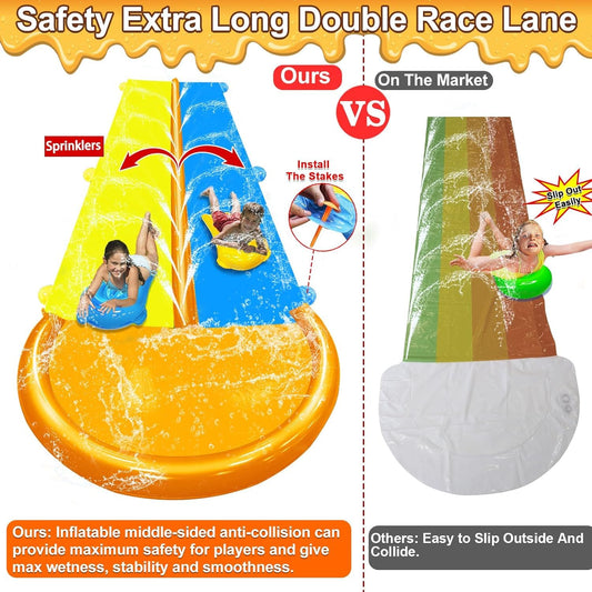 IgeeKid double-lane water slide with boards supports shared summer fun.