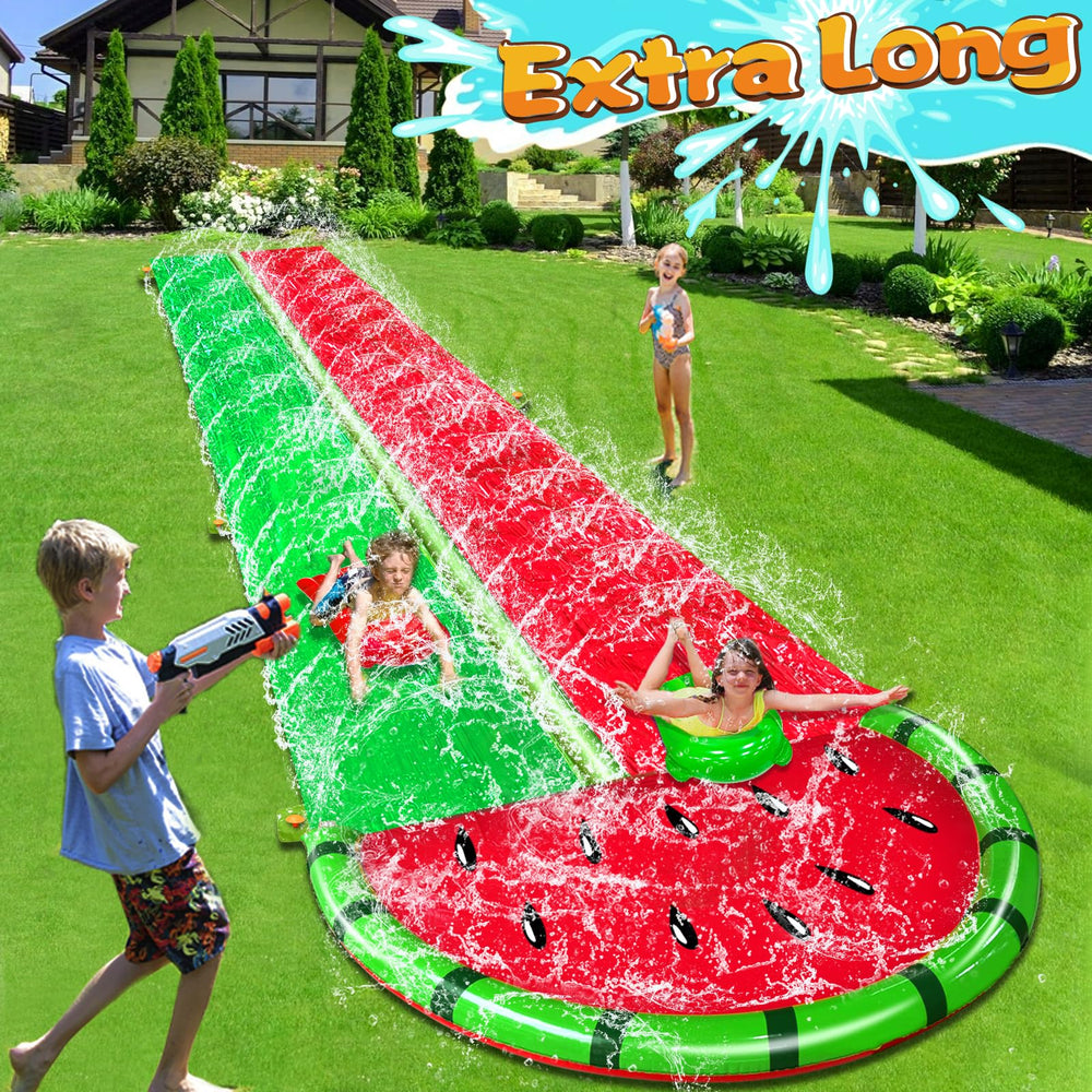 iGeeKid watermelon lawn water slide ground stakes secure the play area on grass.
