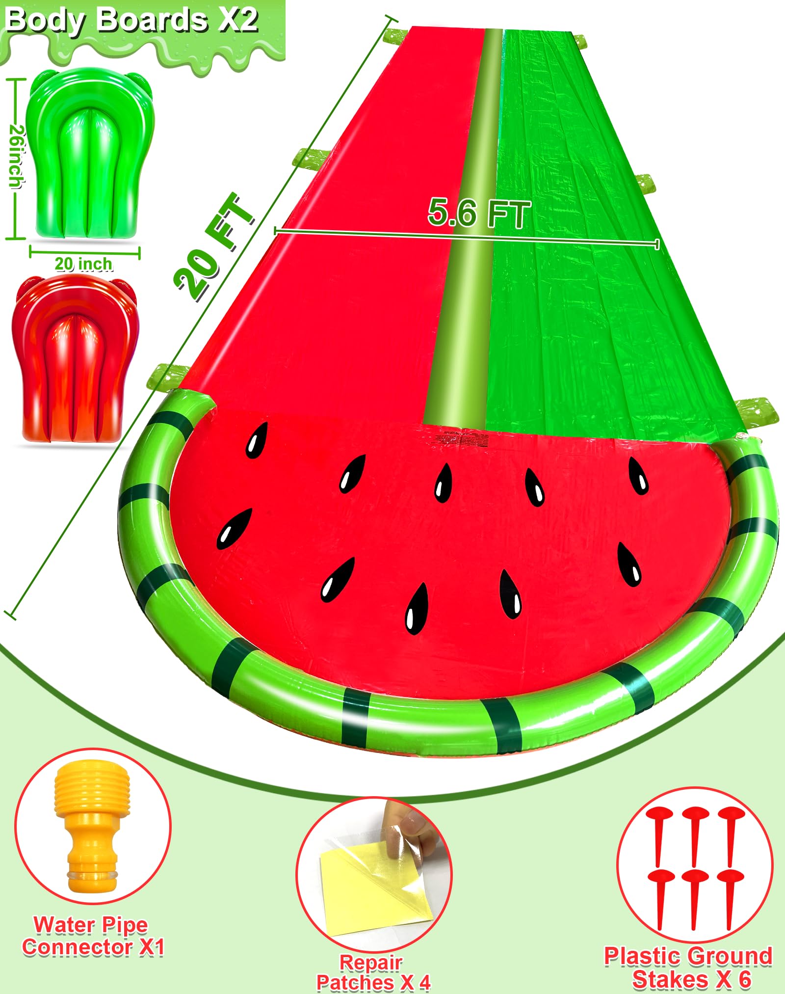 iGeeKid watermelon lawn water slide middle fence emphasizes added stability and safety.