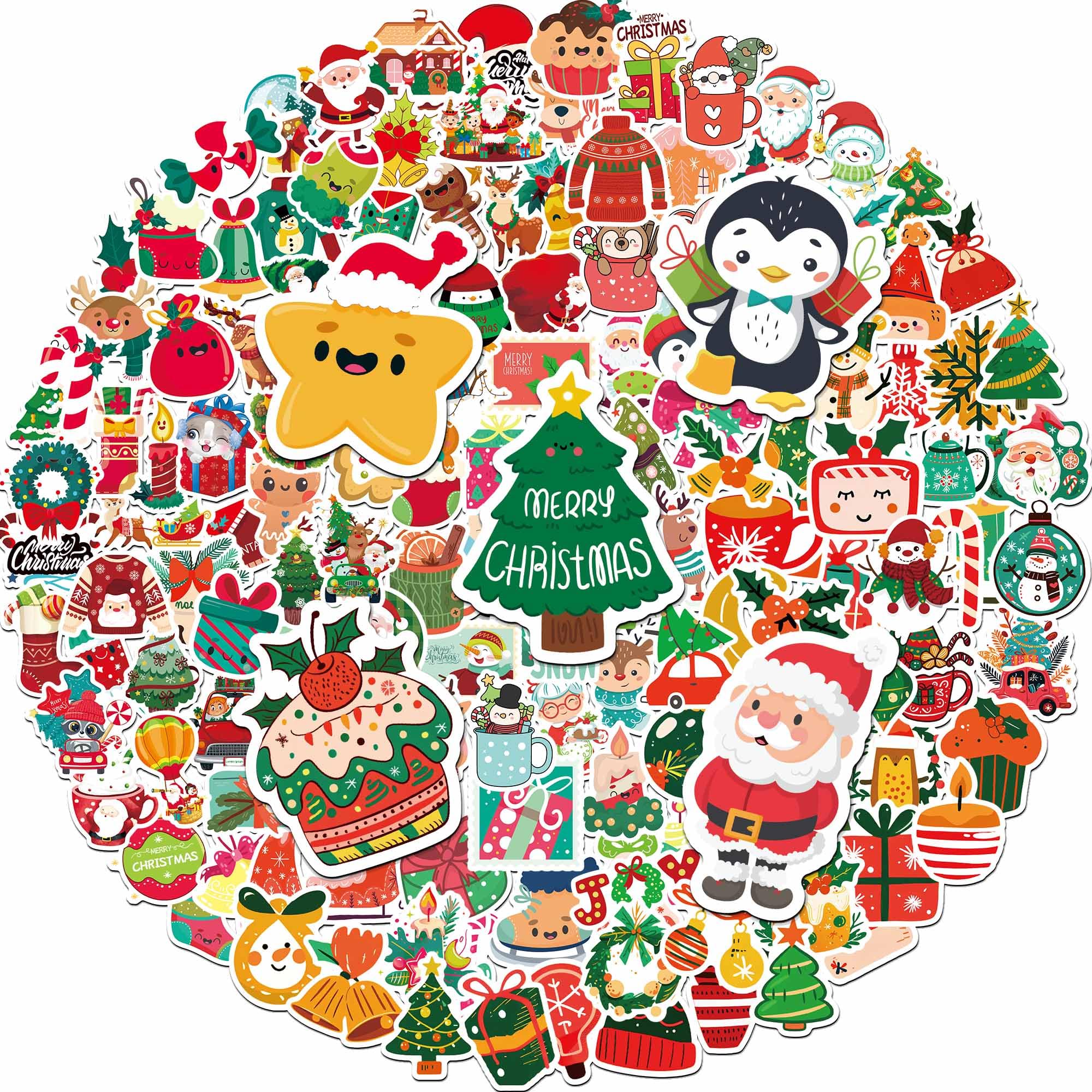 iGetooy 150pcs Christmas stickers decorate laptops and water bottles with vibrant designs.