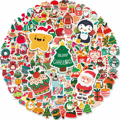 iGetooy 150pcs Christmas stickers decorate laptops and water bottles with vibrant designs.