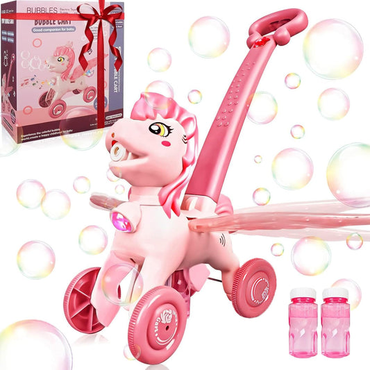 IGINOA pink bubble machine for kids creates colorful bubbles for outdoor play.