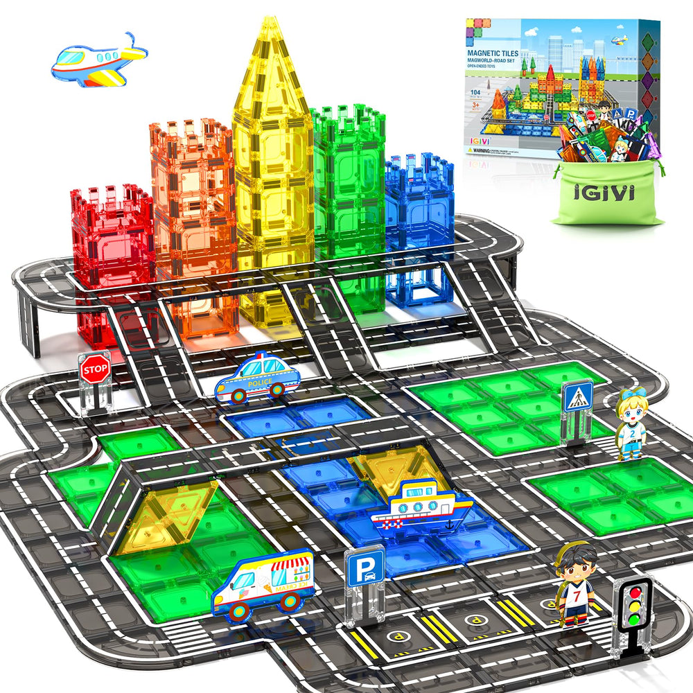 IGIVI 104-piece magnetic tiles road set for imaginative city building and playtime