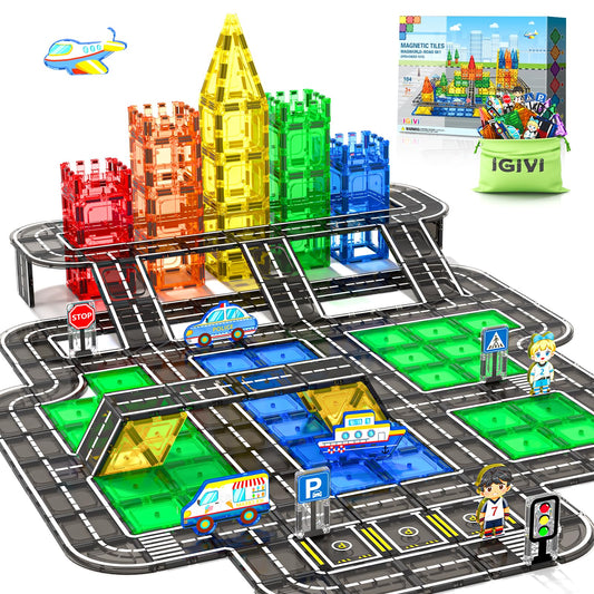IGIVI 104-piece magnetic tiles road set for imaginative city building and playtime