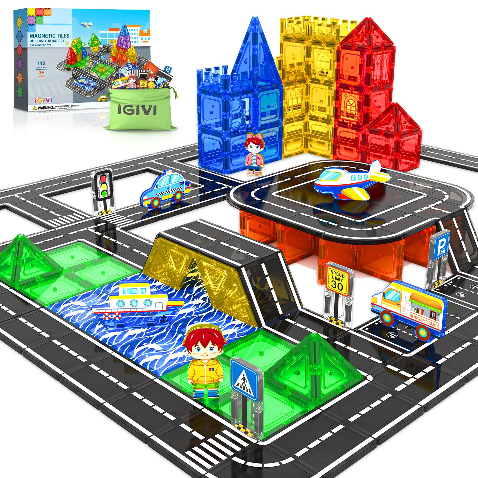 IGIVI 112pcs magnetic tiles road set in vibrant colors for imaginative city-building and STEM play.