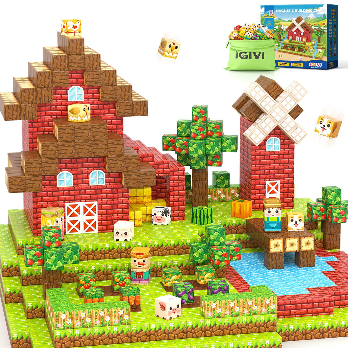 IGIVI 1in magnetic blocks farm animals set for imaginative play and motor skill growth