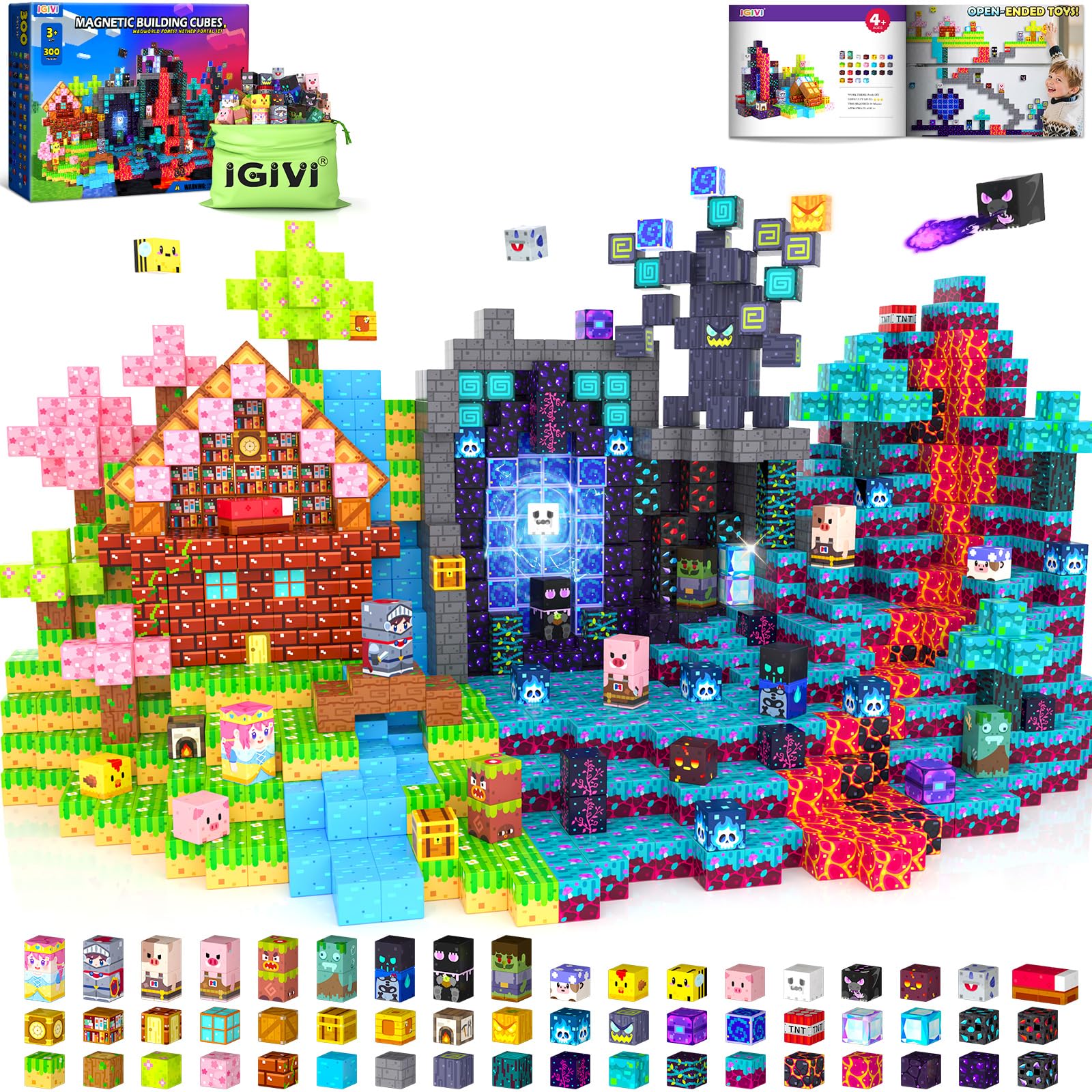 IGIVI 300-piece magnetic blocks set pieces displayed for open-ended creative building