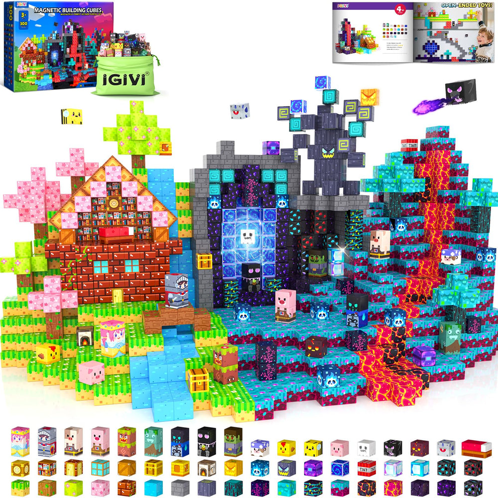 IGIVI 300-piece magnetic blocks set pieces displayed for open-ended creative building