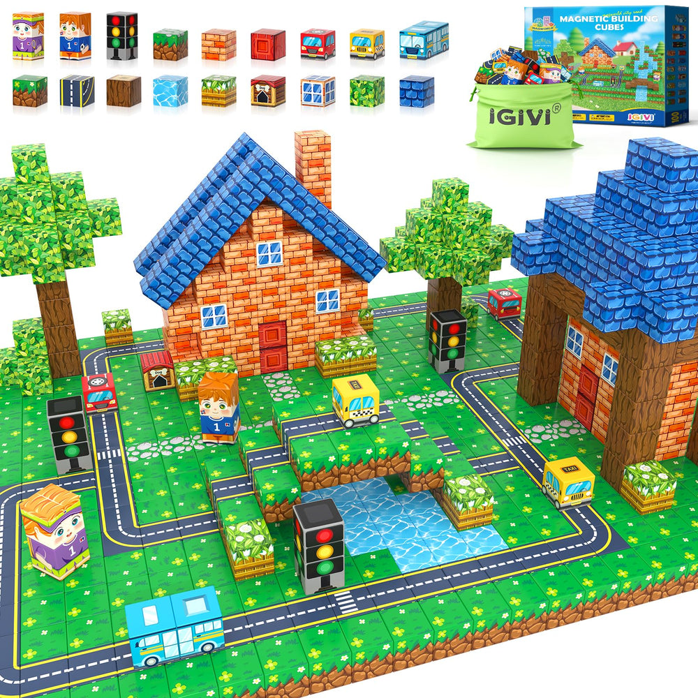 IGIVI magnetic road blocks set shown with a vibrant road layout for creative play.