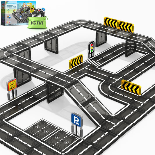 IGIVI magnetic road tiles set with 16 bricks for imaginative road building