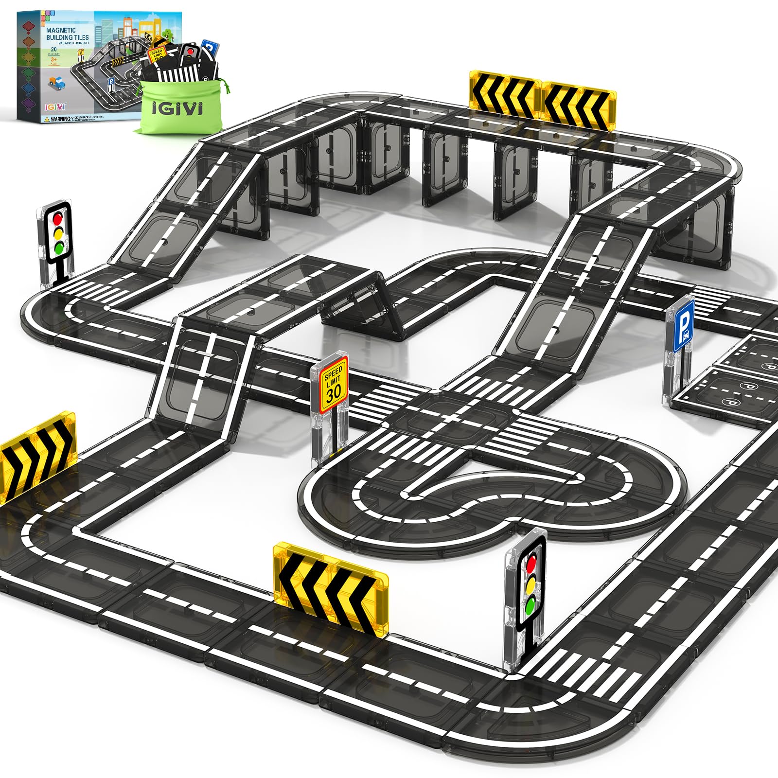 IGIVI magnetic tiles road set sparks creative road building and fine motor skills.