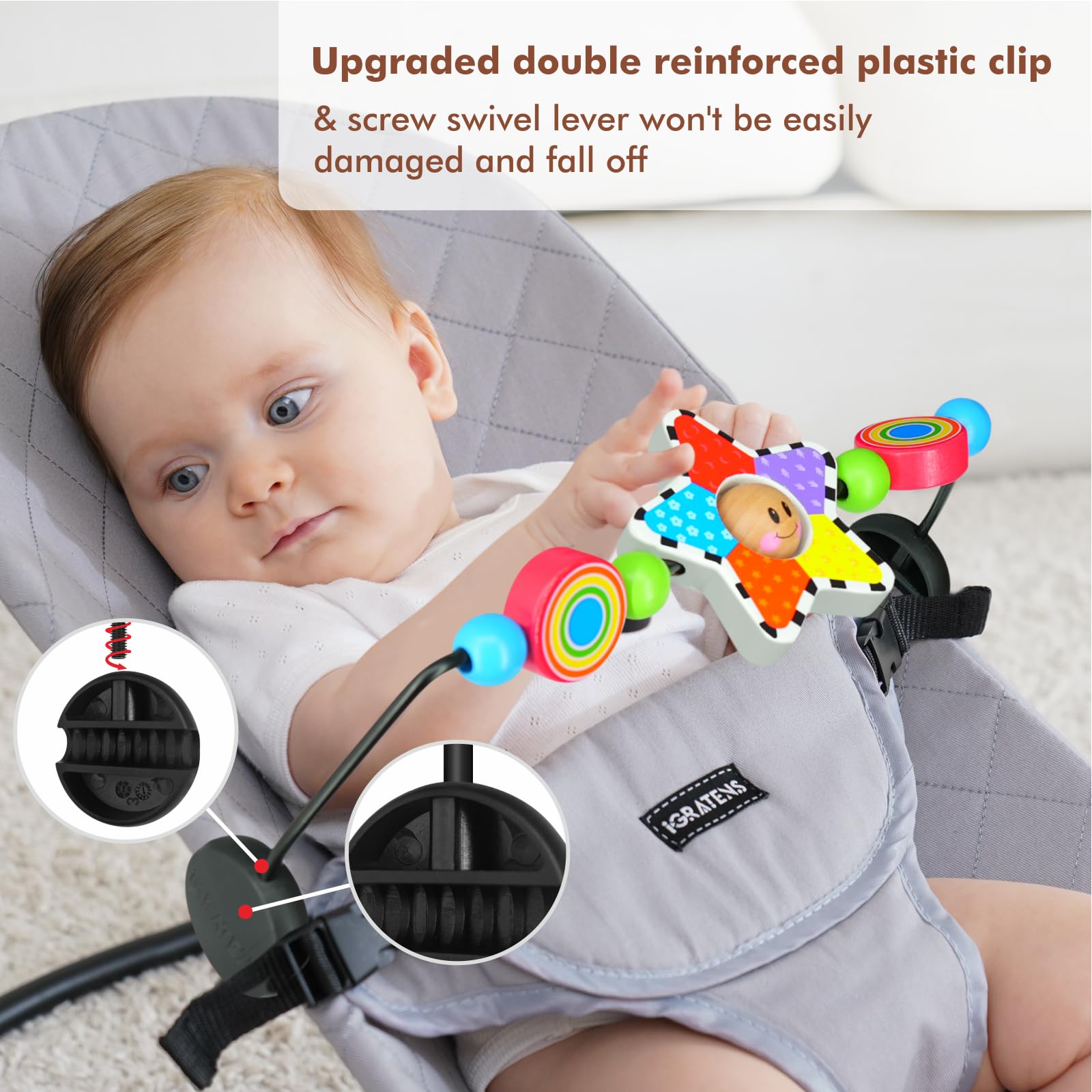 iGRATENS Toy Bar with upgraded clips for secure, easy attachment to a bouncer