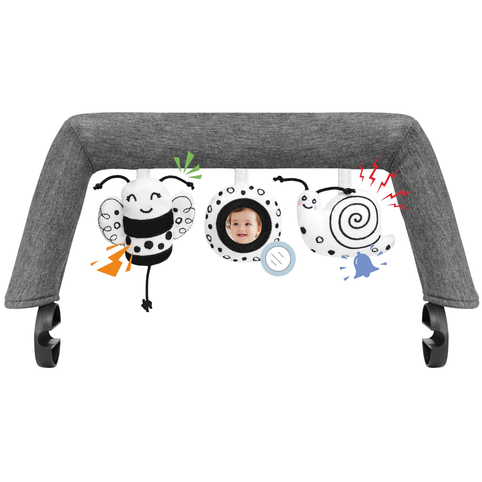 iGRATENS bouncer toy bar in black and white supports newborn visual focus